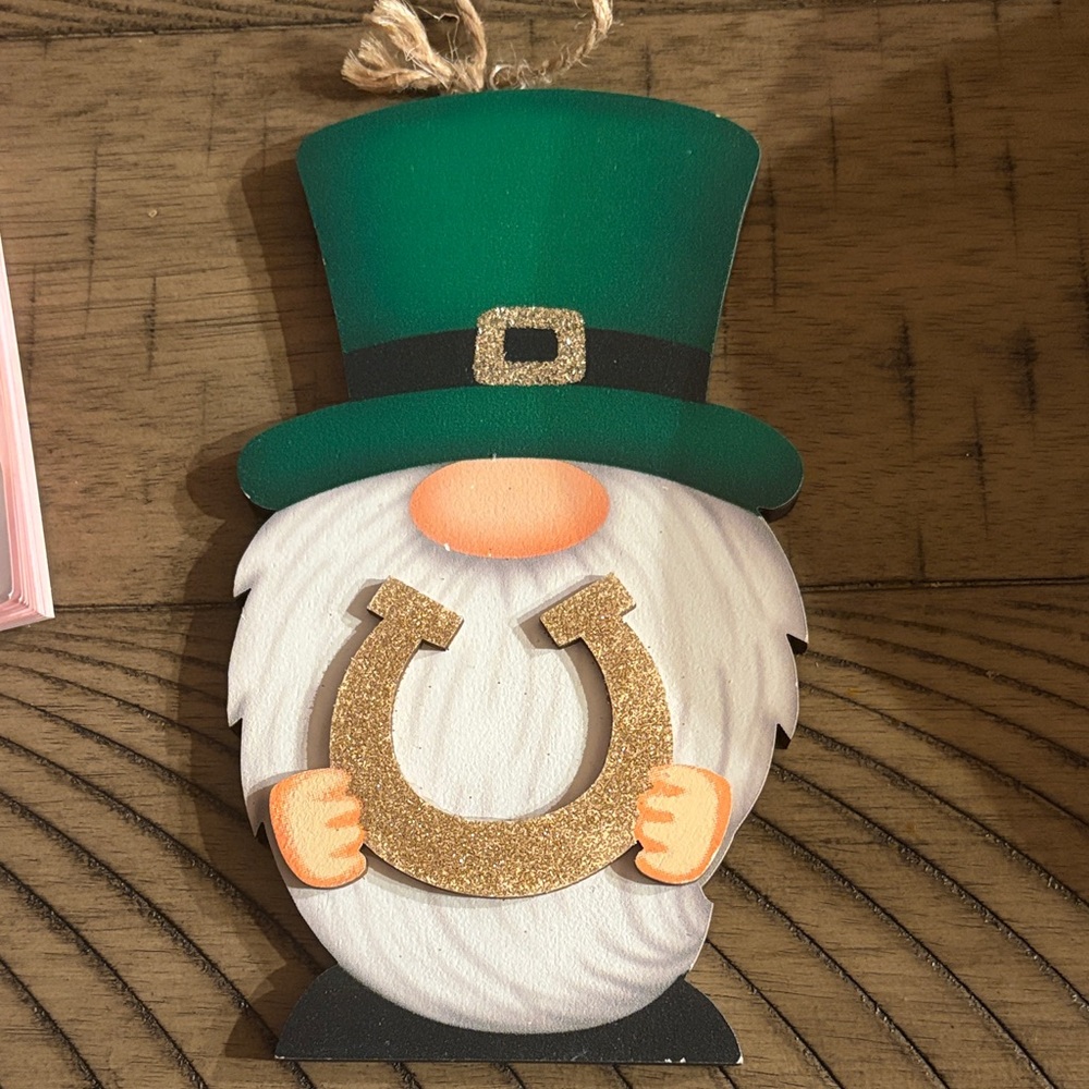 Green Hat Gnome Decor with Gold Horseshoe